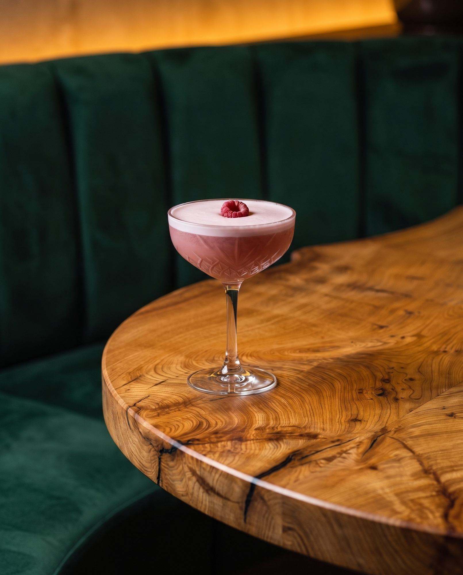 A clover club on a round elm table in a velvet booth