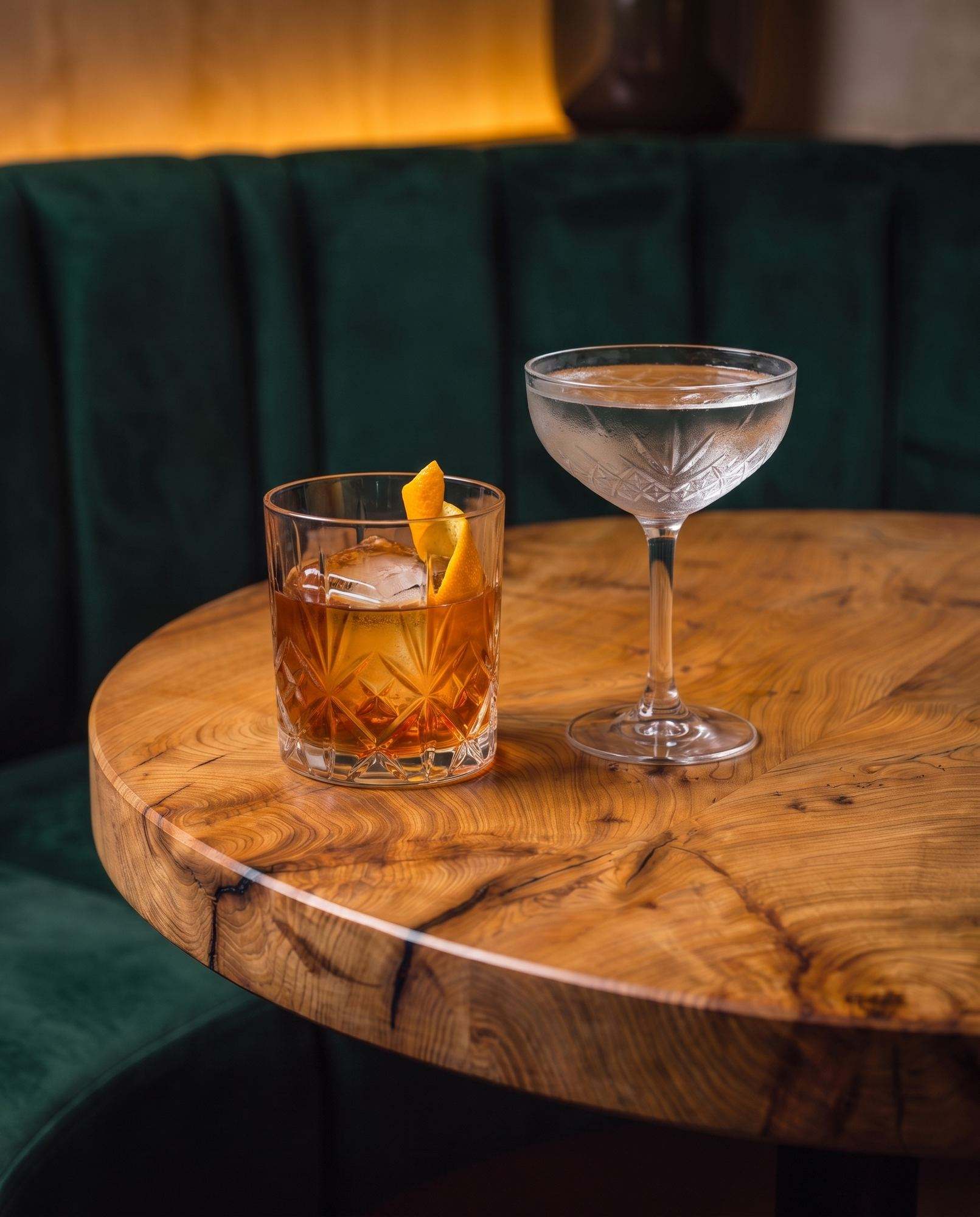 Two cocktails in a velvet booth