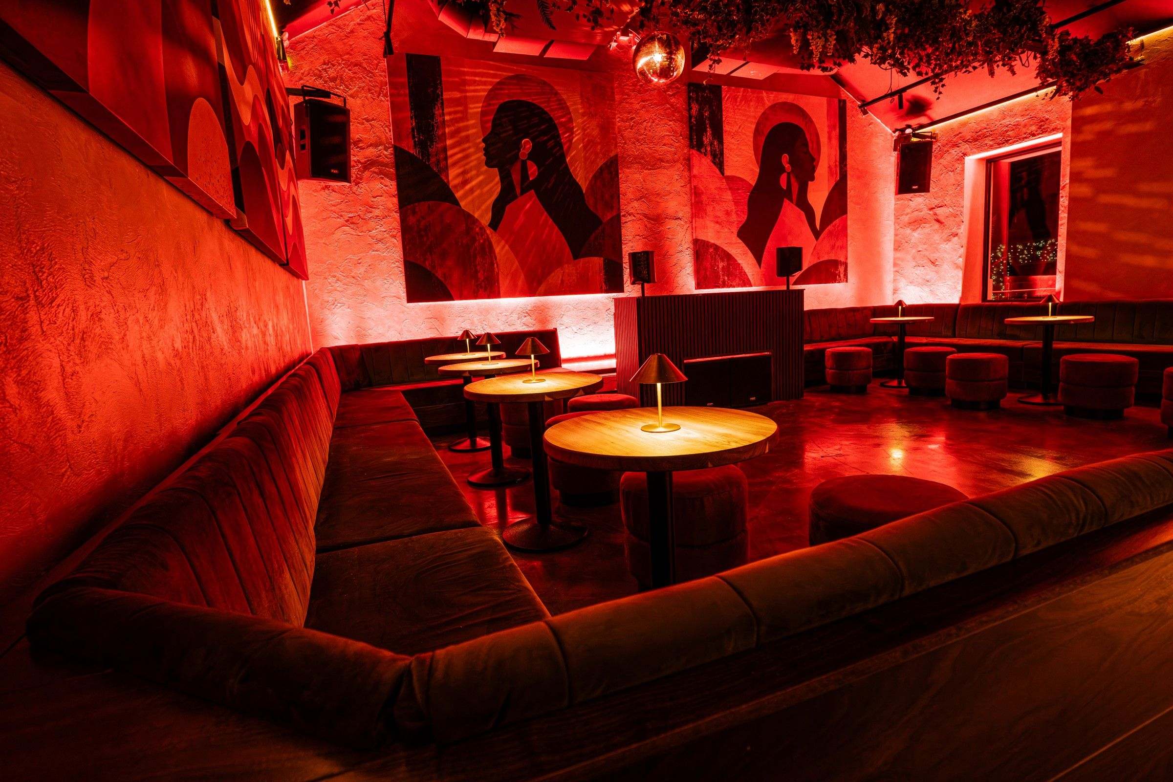 The corner banquette looking across to the DJ booth